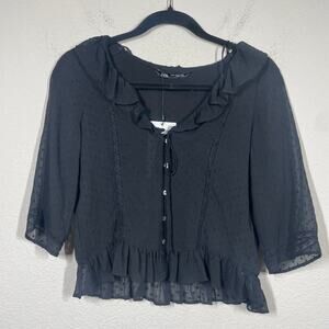 Zara XS Chiffon Swiss Dot Ruffled Top Blouse Black Lace Trim Button Up V-Neck